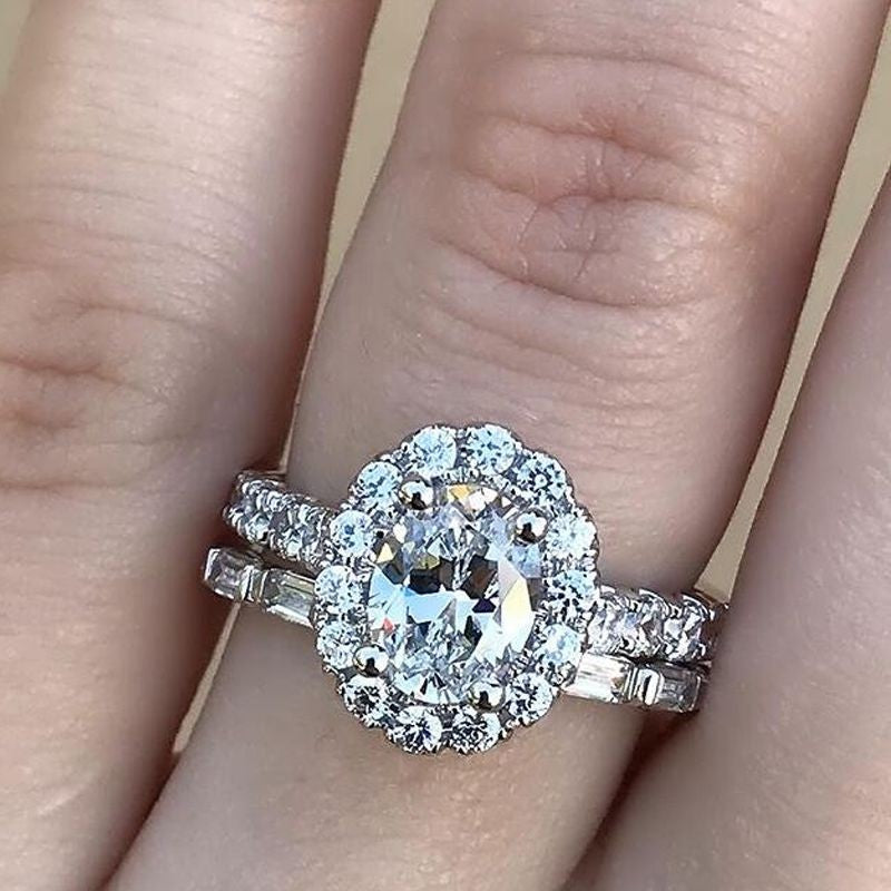 5PCS Dainty Halo Oval Cut Bridal Set In Sterling Silver Shineofdiamond