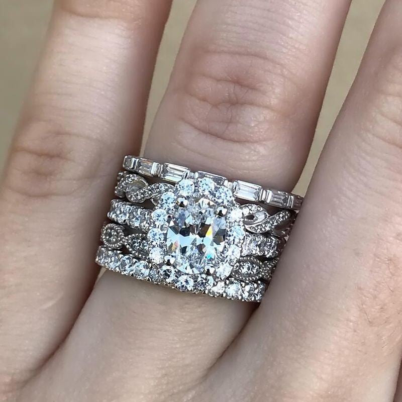 5PCS Dainty Halo Oval Cut Bridal Set In Sterling Silver Shineofdiamond