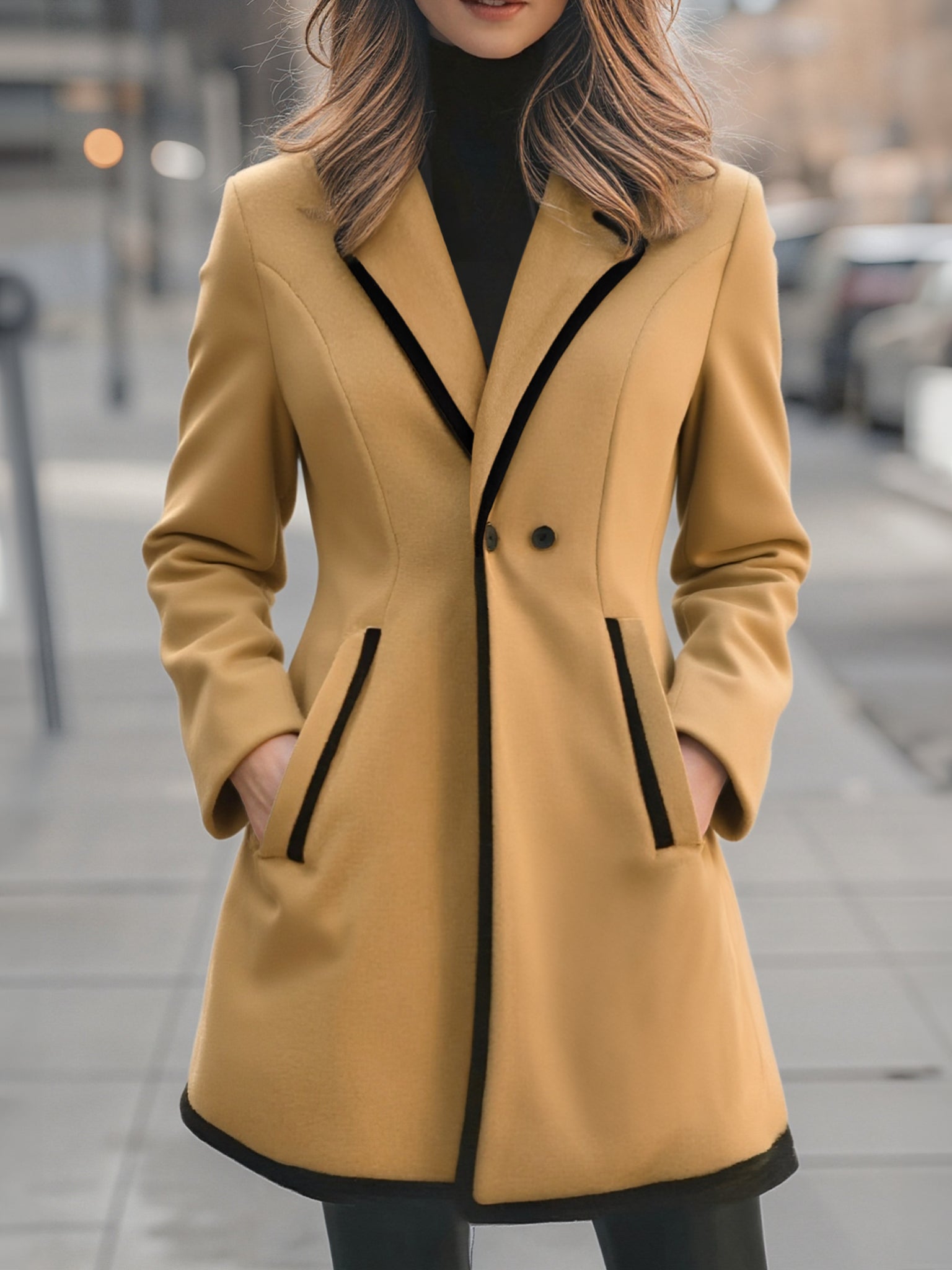 Chic Double-Breasted White Coat with Black Trim - Women's Coat