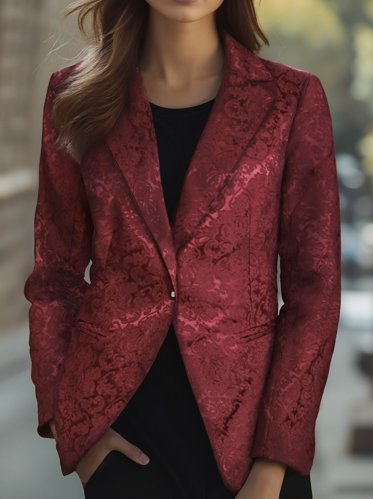 Noble Burgundy Jacquard Satin Tailored Fit - Blazer