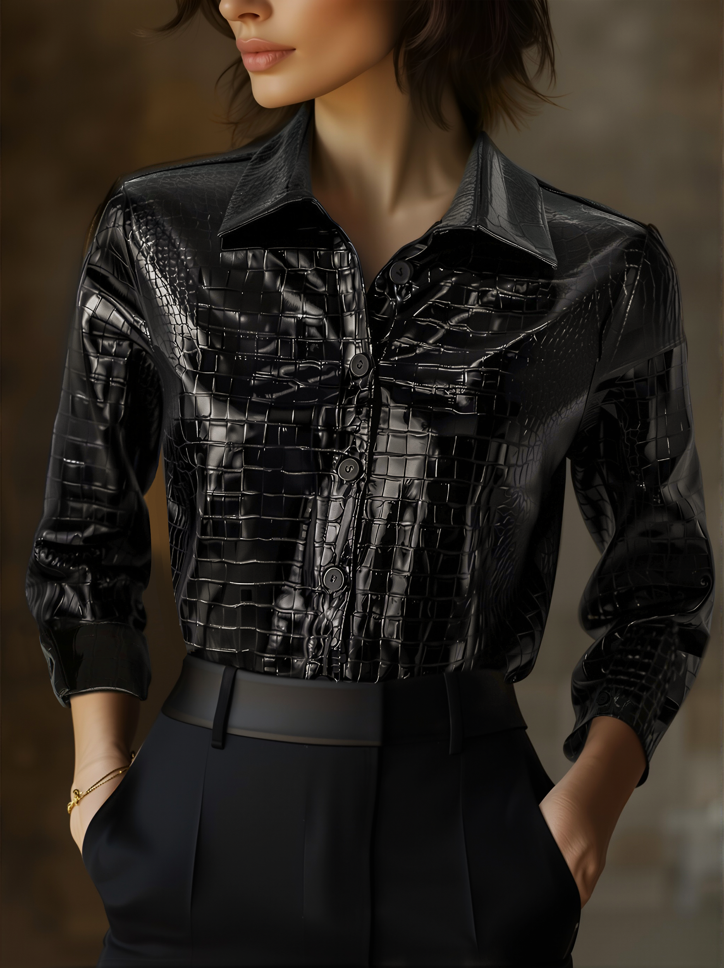 Women's Glossy Black Crocodile-Embossed Faux Leather Button-Down - Shirt