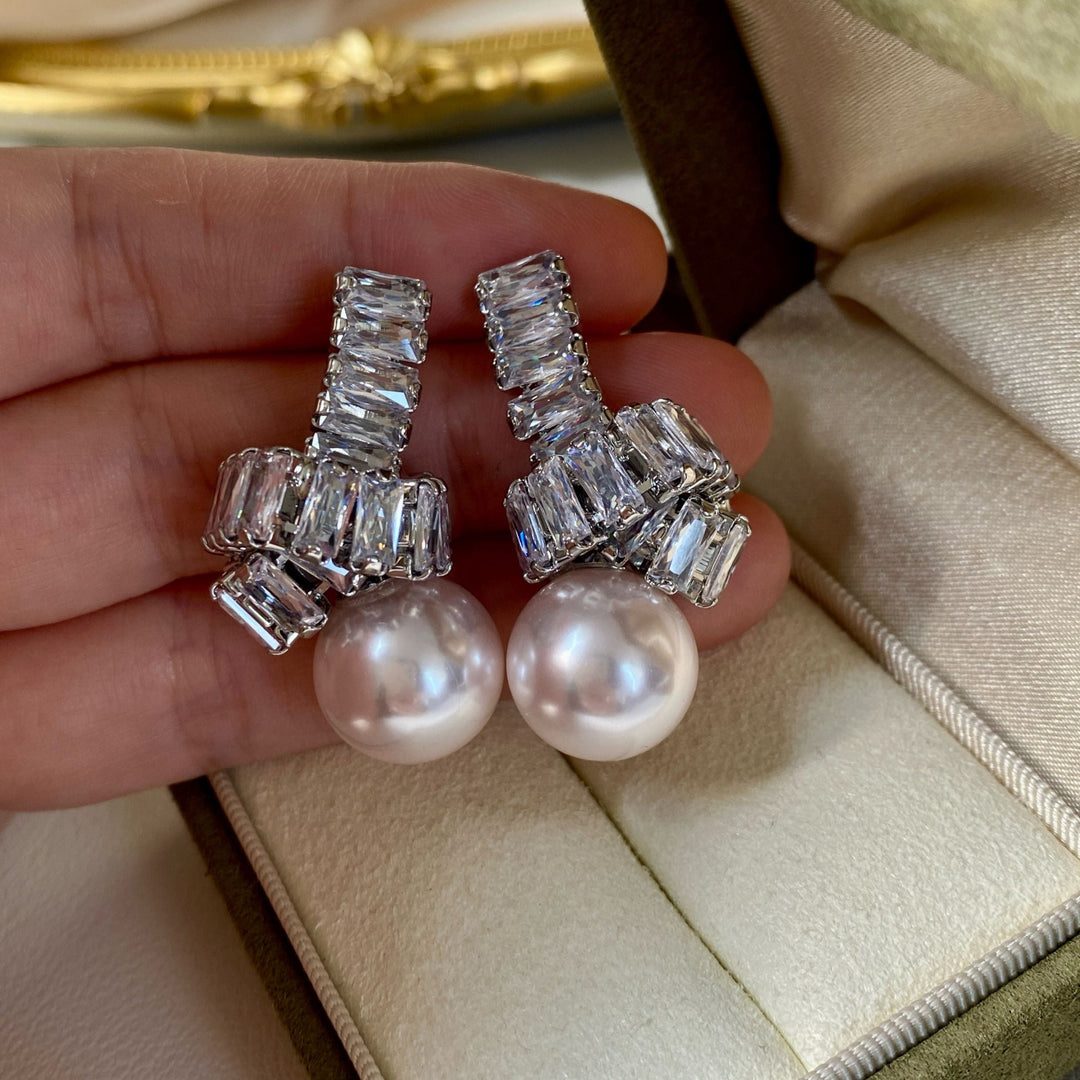 Elegant Pearl Drop Earrings with Baguette Stone Accents Dobrilajewelry