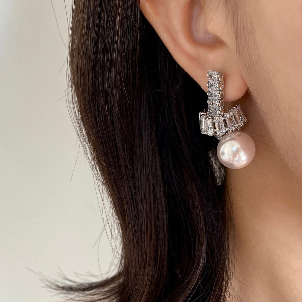 Elegant Pearl Drop Earrings with Baguette Stone Accents Dobrilajewelry