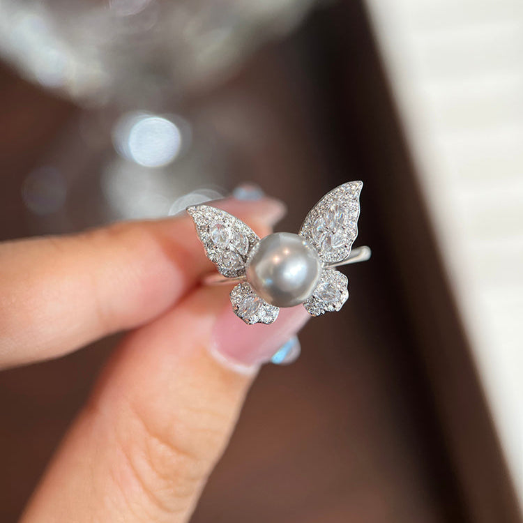 Butterfly Pearl  Fashionable Adjustable Ring In Sterling Silver Shineofidamond