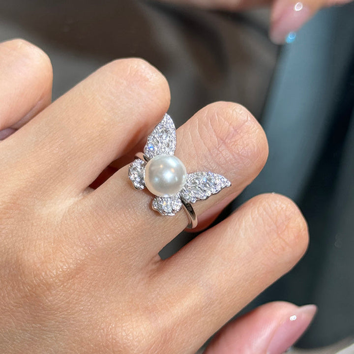Butterfly Pearl  Fashionable Adjustable Ring In Sterling Silver Shineofidamond
