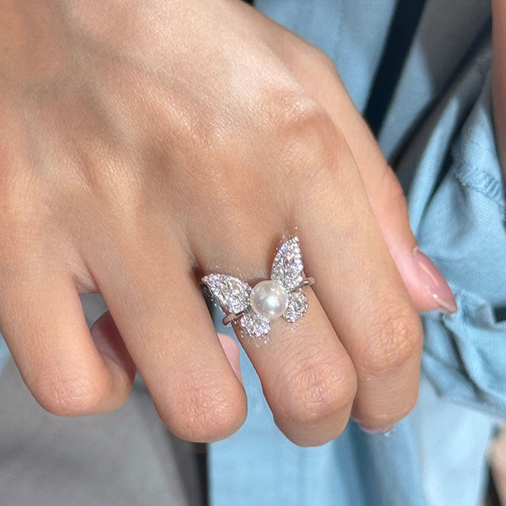 Butterfly Pearl  Fashionable Adjustable Ring In Sterling Silver Shineofidamond