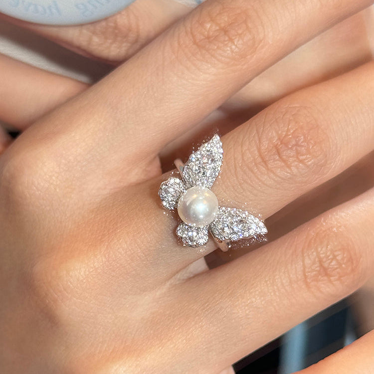 Butterfly Pearl  Fashionable Adjustable Ring In Sterling Silver Shineofidamond