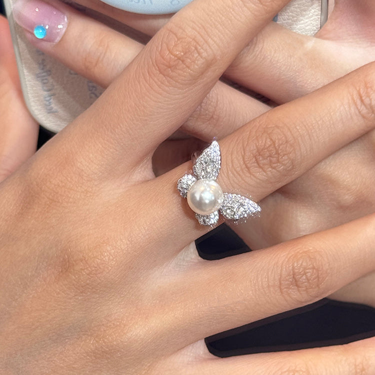 Butterfly Pearl  Fashionable Adjustable Ring In Sterling Silver Shineofidamond