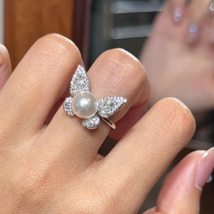 Butterfly Pearl  Fashionable Adjustable Ring In Sterling Silver Shineofidamond