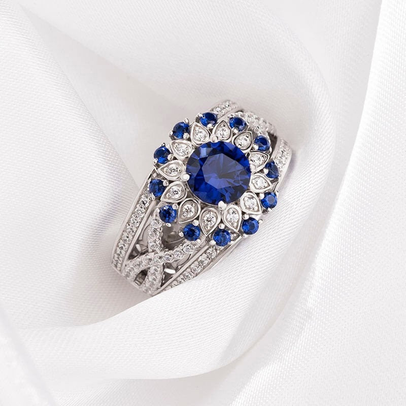 Sunflower Halo Round Cut Blue Sapphire Engagement Ring in Sterling Silver Shineofdiamond