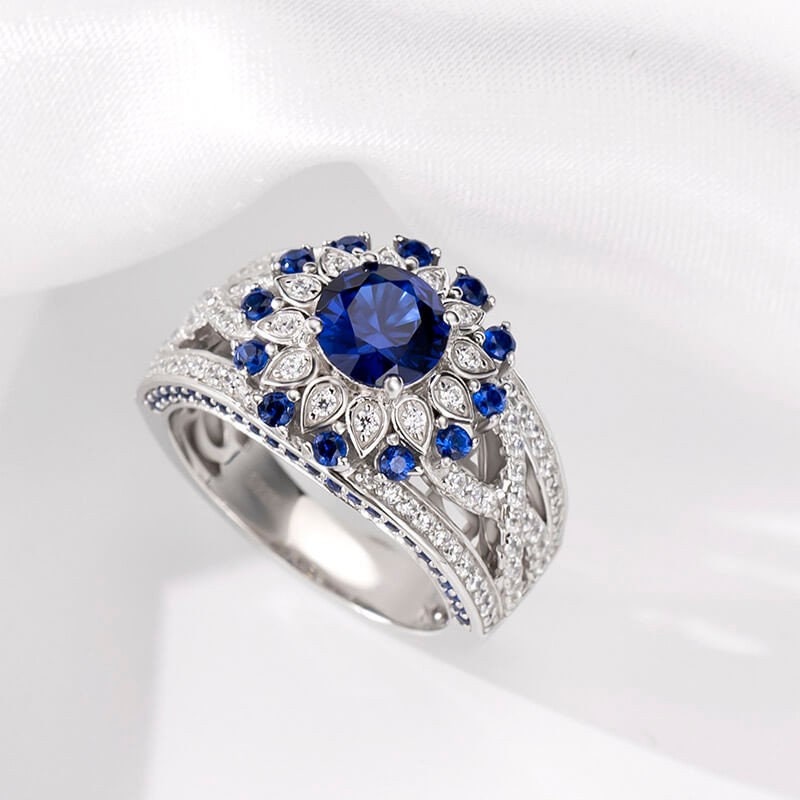 Sunflower Halo Round Cut Blue Sapphire Engagement Ring in Sterling Silver Shineofdiamond