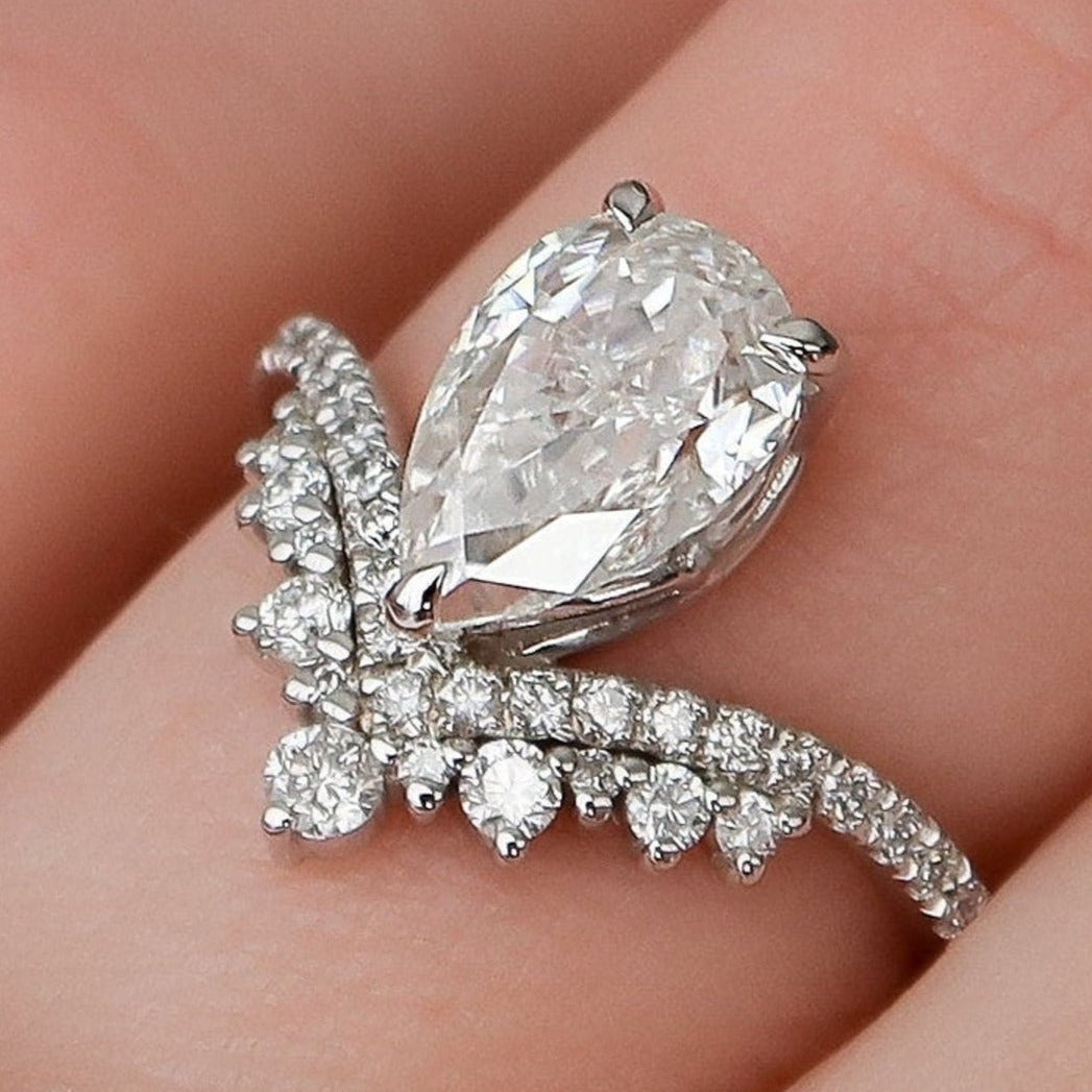 Pear Cut Teardrop Chevron Moissanite Ring Engagement Ring in Sterling Silver Shineofdiamond