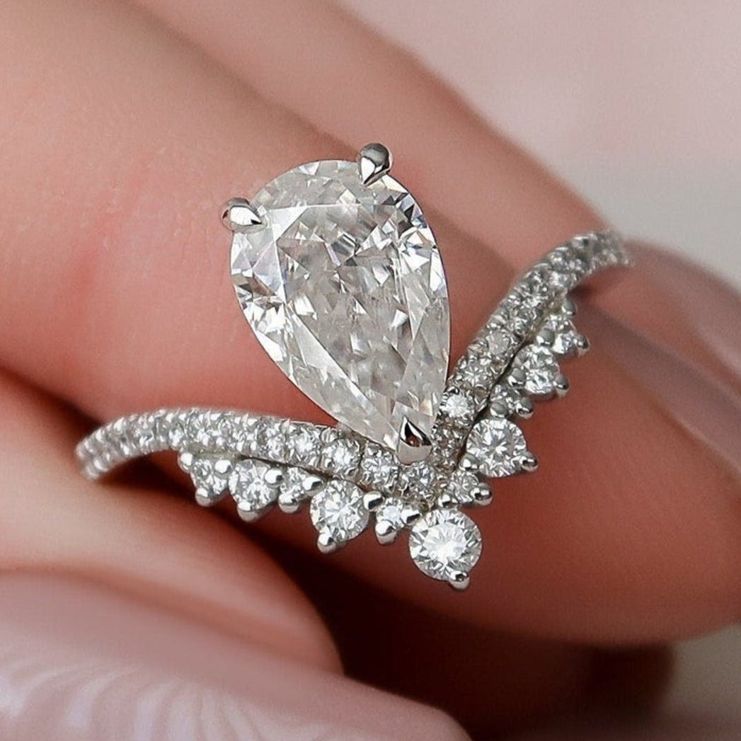 Pear Cut Teardrop Chevron Moissanite Ring Engagement Ring in Sterling Silver Shineofdiamond