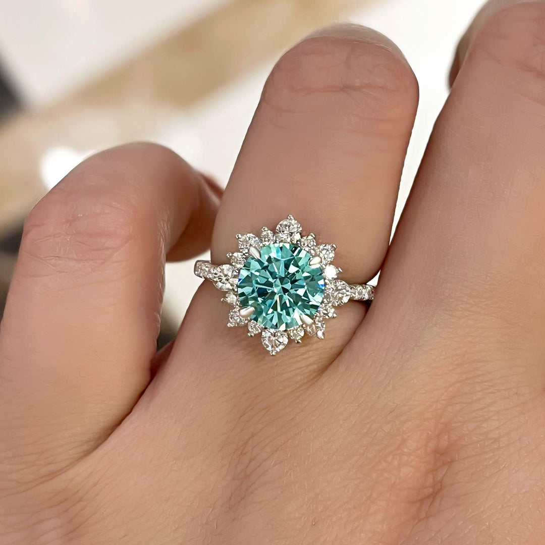 Snowflake Round Cut Cyan Blue Engagement Ring In Sterling Silver Shineofdiamond