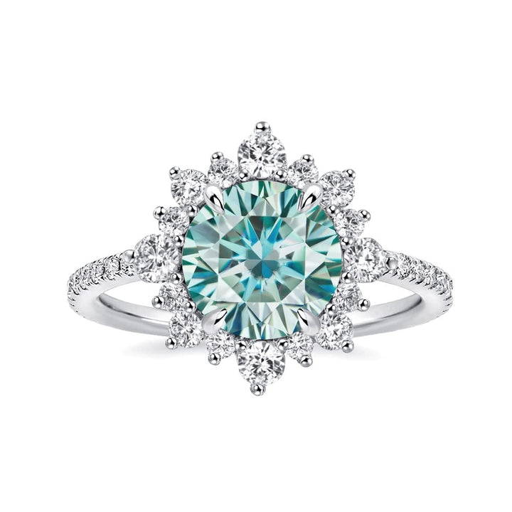 Snowflake Round Cut Cyan Blue Engagement Ring In Sterling Silver Shineofdiamond