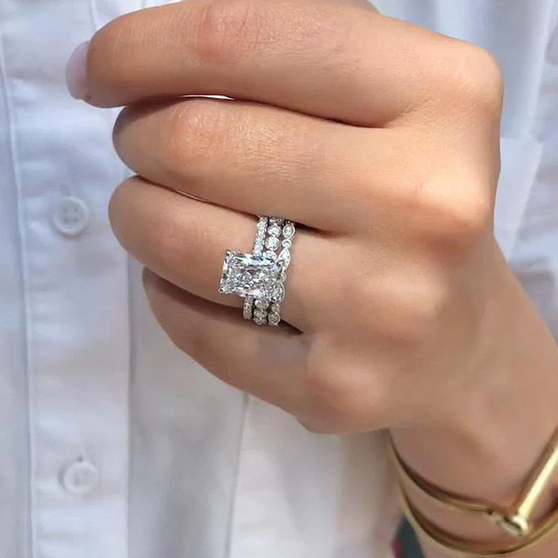 3pcs 3CT Radiant Cut Bridal Set Rings with Marquise & Round Cut Band in Sterling Silver Shineofdiamond