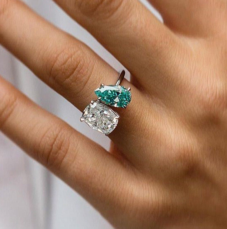 Two Stone Pear Cut & Cushion Cut Engagement Ring in Sterling Silver hot