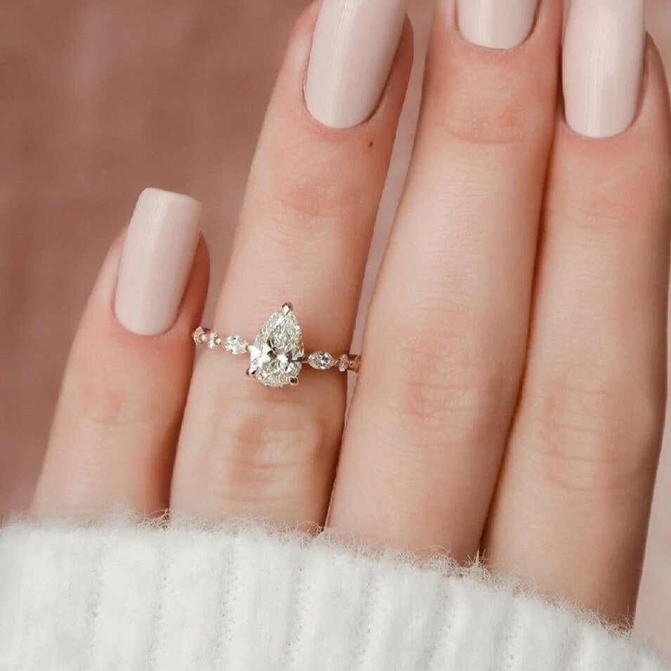 Solitaire Pear Cut with Marquise Cut Stone Engagement Ring in Sterling Silver Shineofidamond