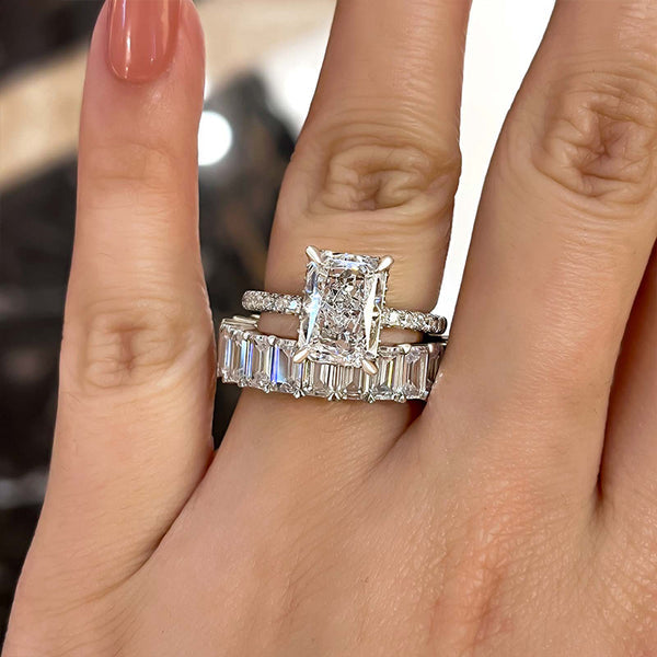 2PCS Radiant Cut with Emerald Cut Shank Wedding Ring Set in Sterling Silver Shineofdiamond