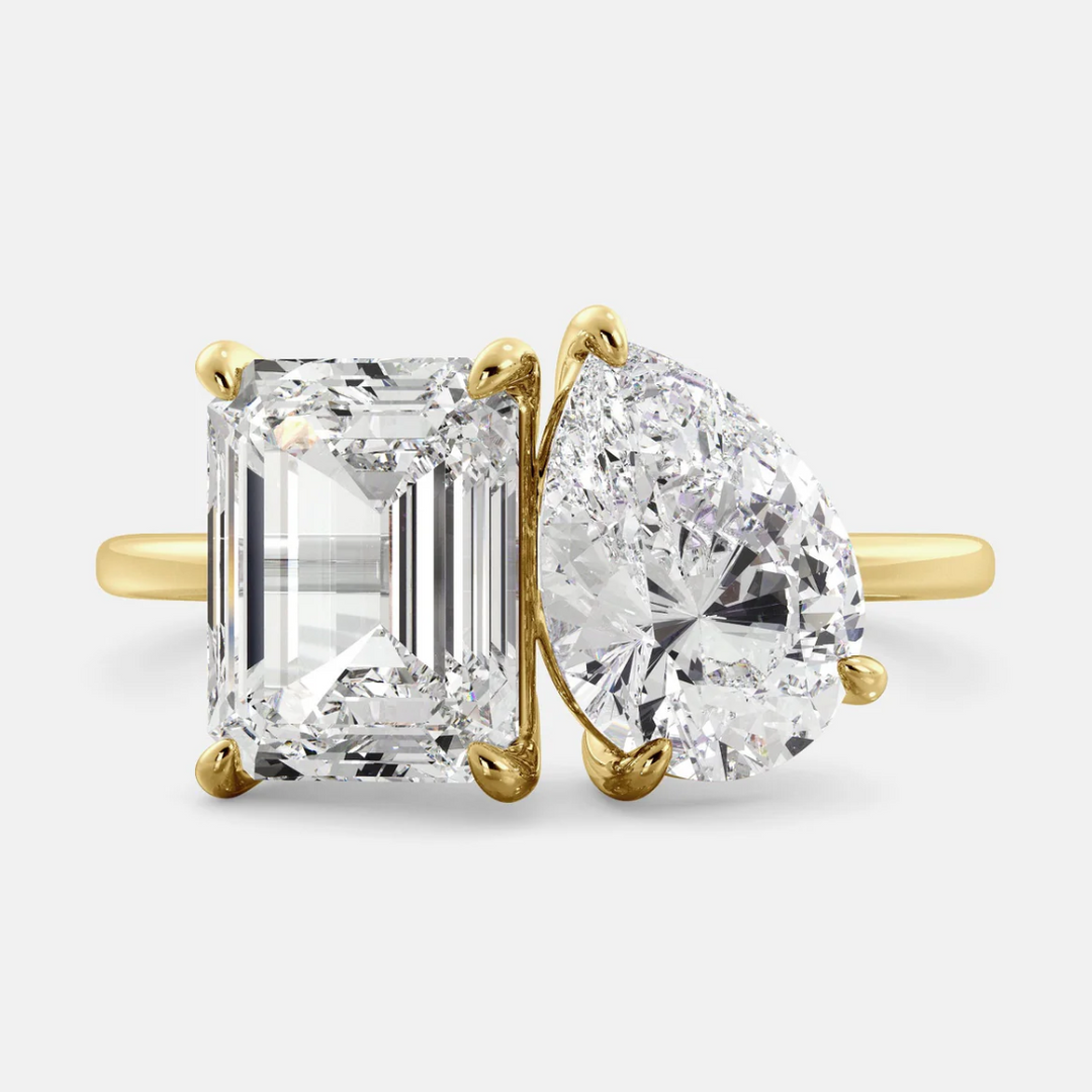 Two Stone Pear Cut & Emerald Cut Ring in Rose Gold/Golden Tone hot